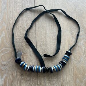 Banana Republic Black Ribbon Necklace with Blue, White, and Gold Accents